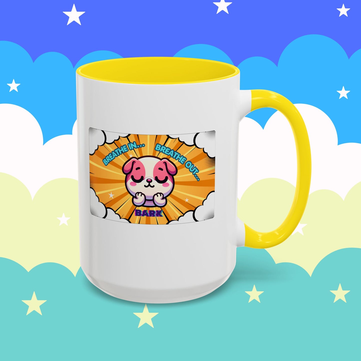 Stay Calm Pink Bulldog Kawaii Emote Coffee Mug — "Breathe In... Breathe Out... Bark"