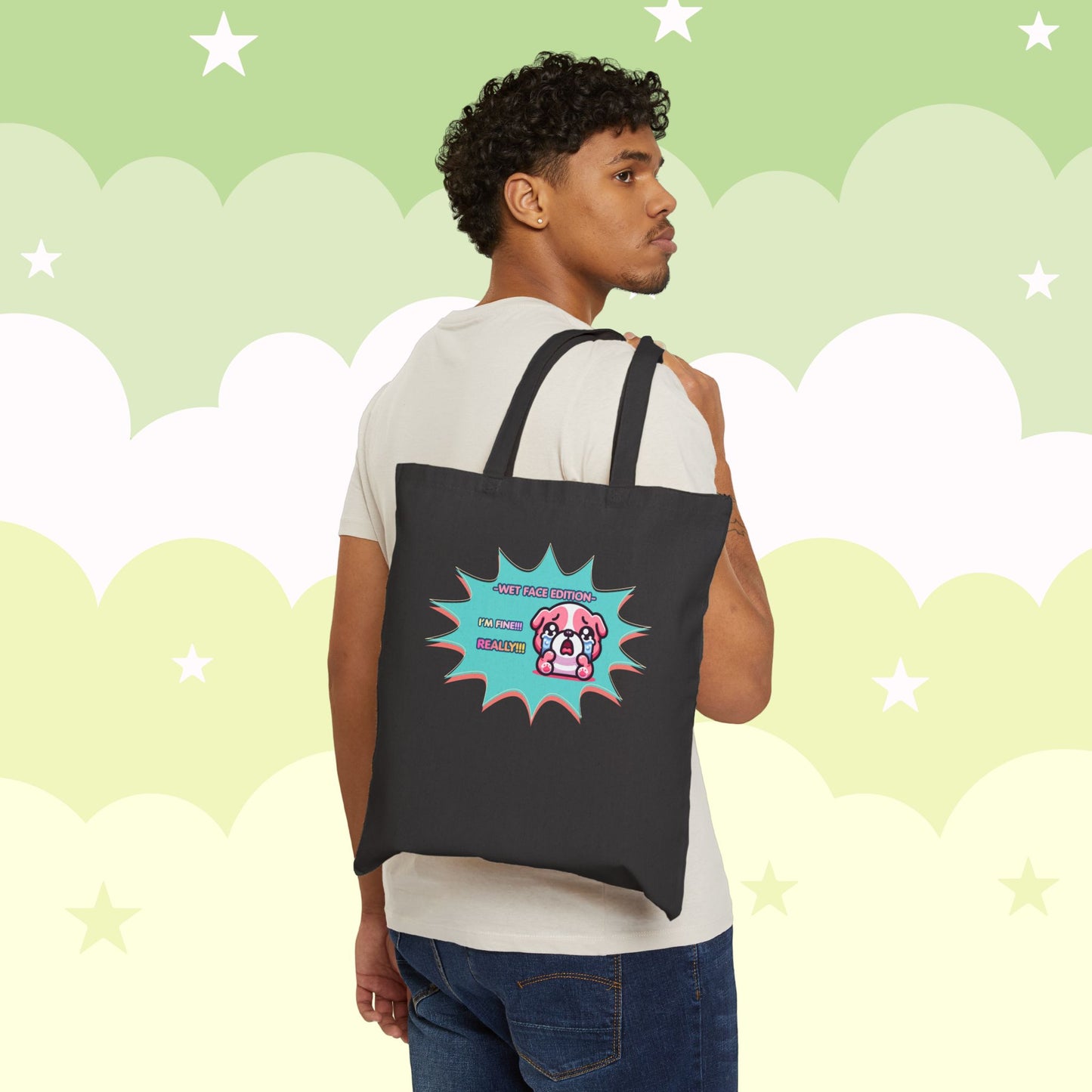 Cute Crying Pink Bulldog Tote Bag — "Wet Face Edition: I'm Fine! REALLY!!!"