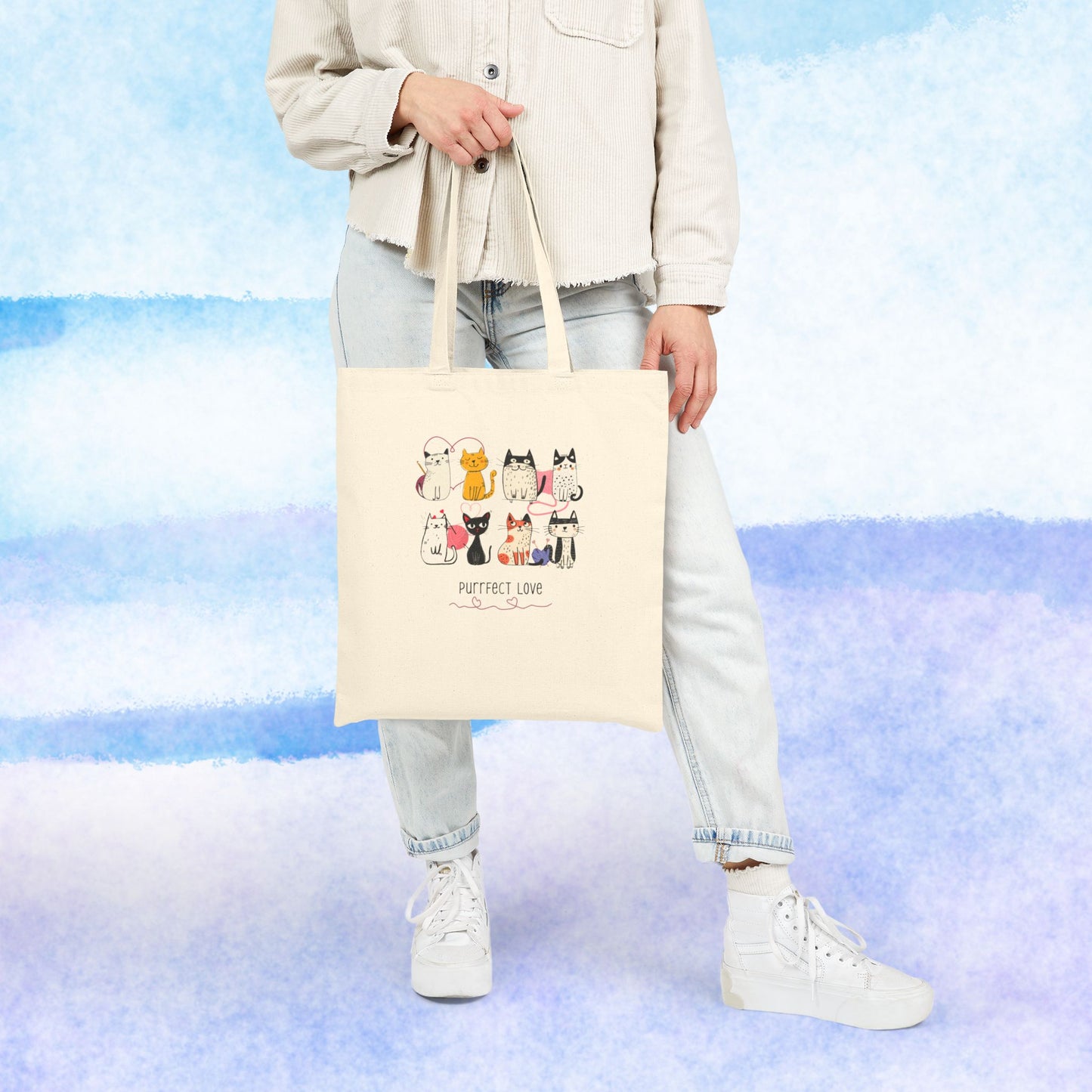 Canvas Tote Bag — "Purrfect Love" Cute Cat Illustration Tote for Cat Lovers