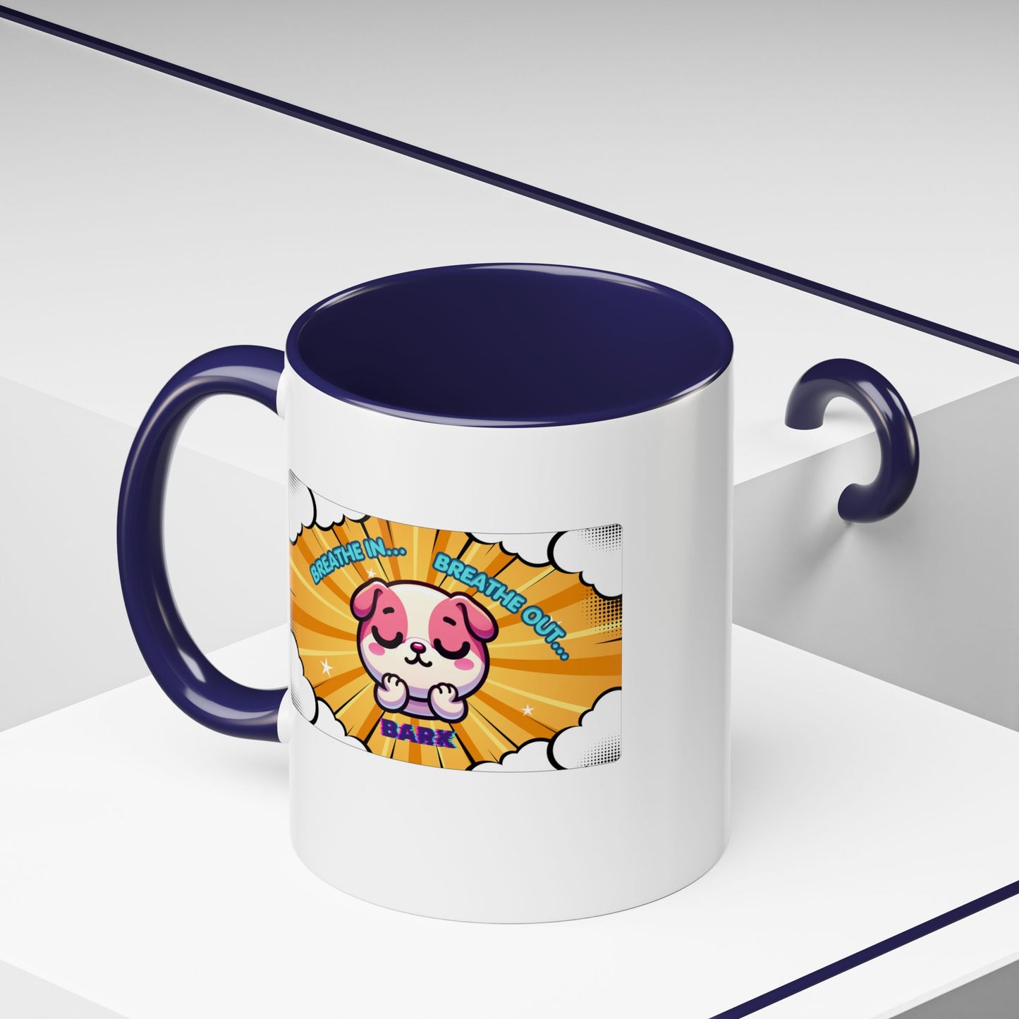 Stay Calm Pink Bulldog Kawaii Emote Coffee Mug — "Breathe In... Breathe Out... Bark"