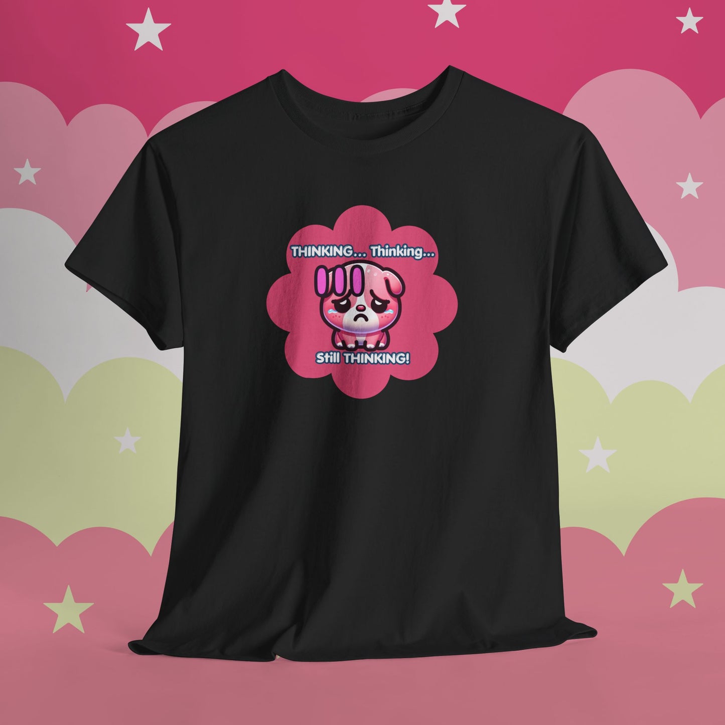 Contemplating Pink Bulldog Emote "Thinking... Still Thinking!" MoodT-Shirt