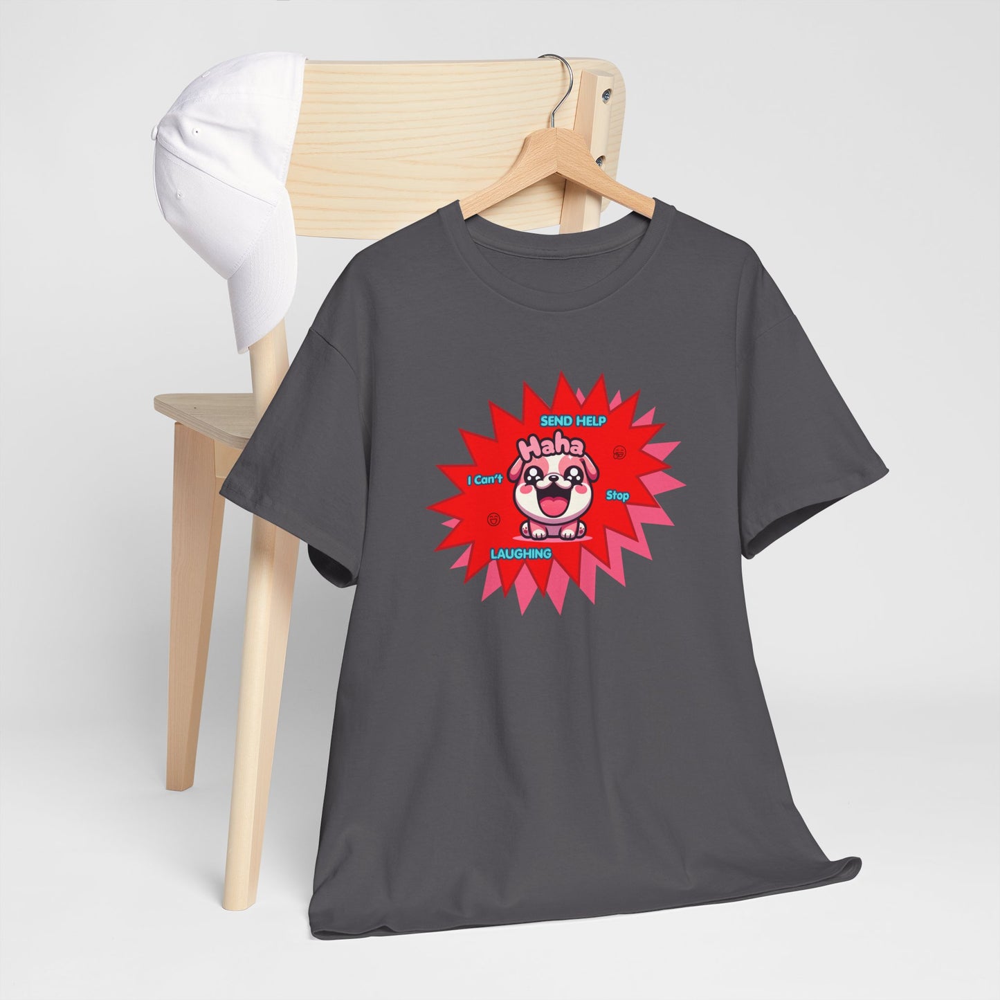 Laughing Pink Bulldog T-Shirt — "Help, I Can't Stop Laughing" Funny Emote Tee