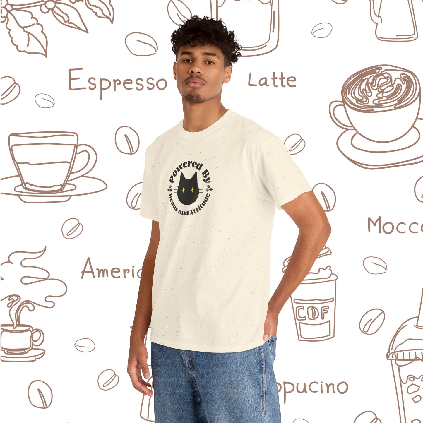 Powered By Beans & Attitude - Coffee Cat graphic tee | minimalist coffee cat illustration, pet lover shirt