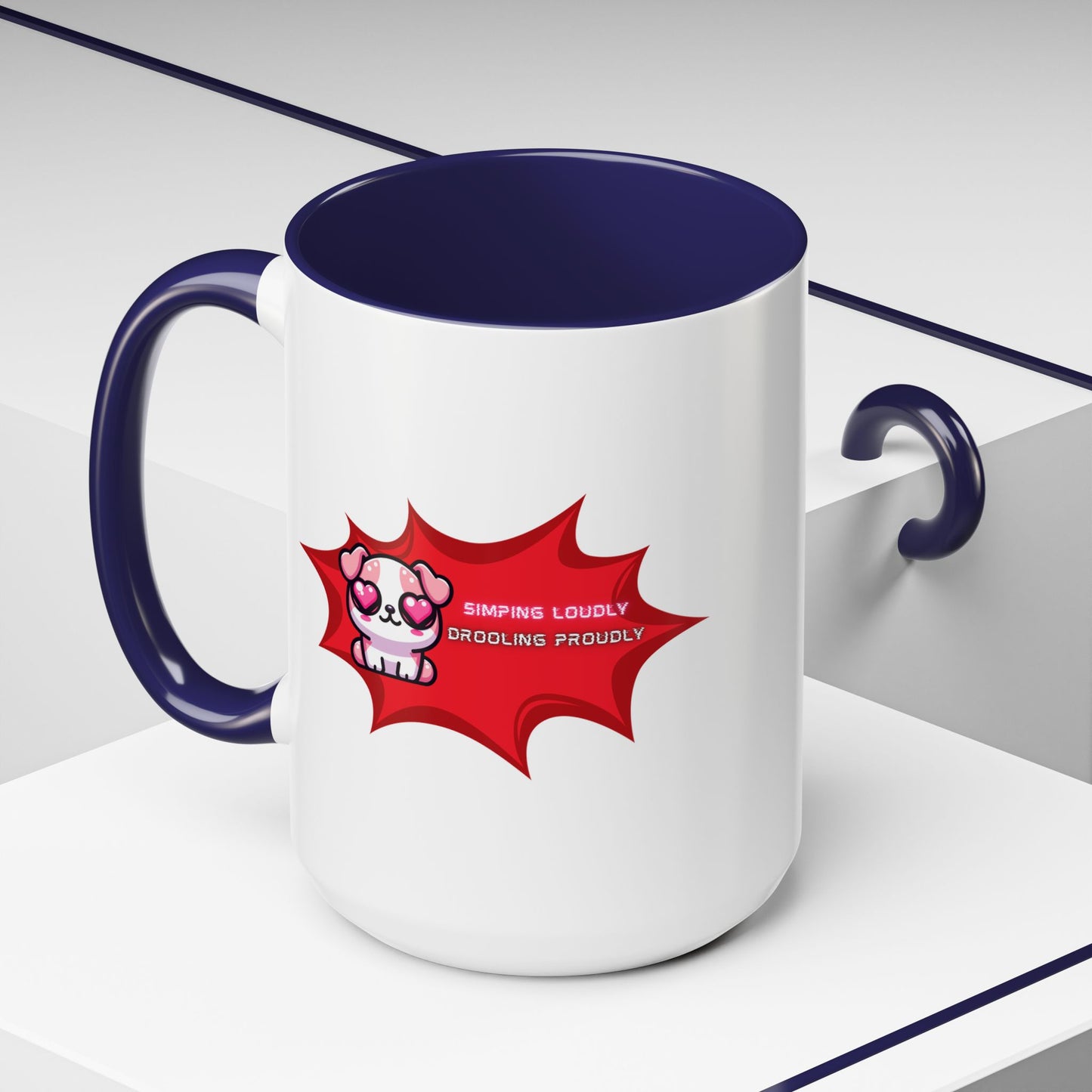 Cute Pink Bulldog Coffee Mug — “Simping Loudly, Drooling Proudly” Kawaii Heart-Eyed