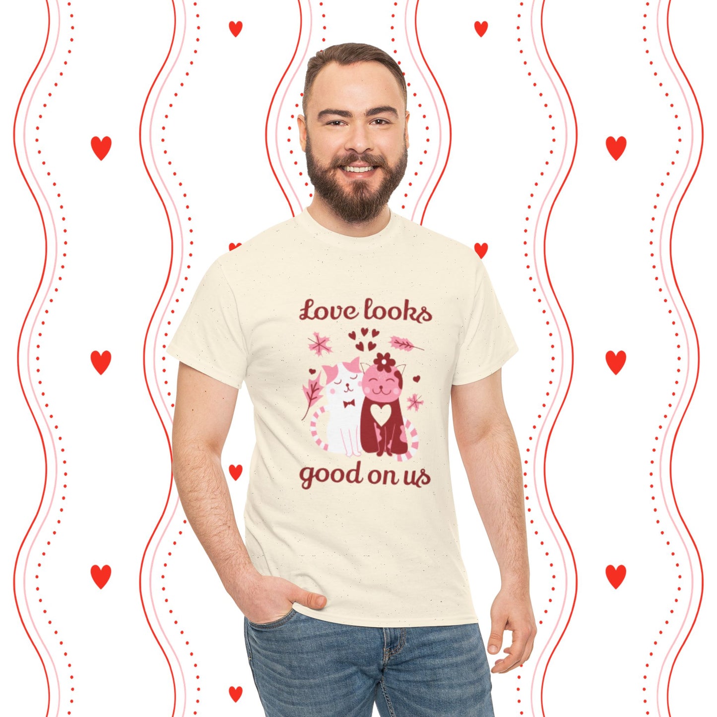 Love Looks Good On Us Tee — Romantic Cat Heart Valentine T-Shirt
