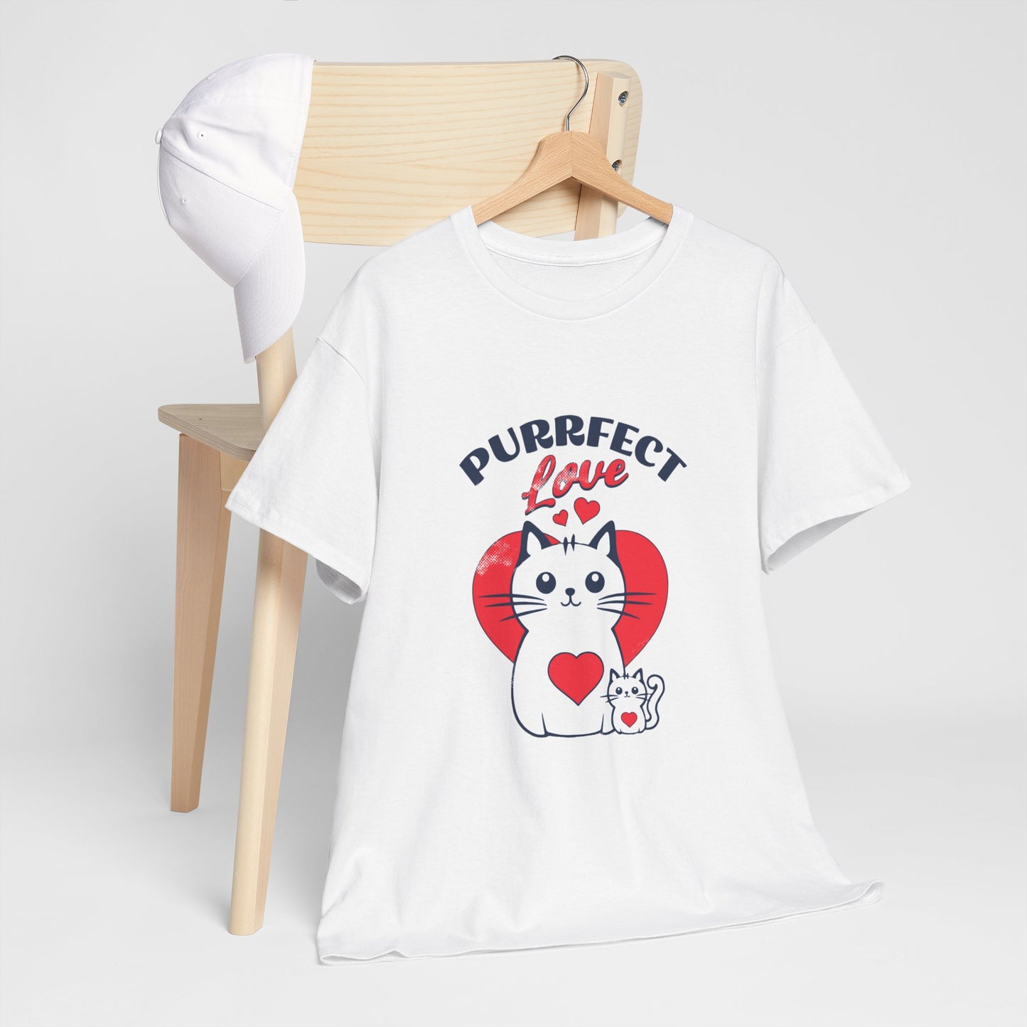 Purrfect Love Cat T-Shirt — Cute Heart Cat Graphic Tee for Cat Lovers, Valentine's Day Gift