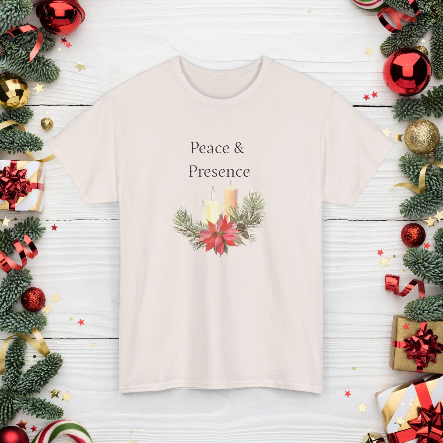 Peace & Presence Cozy Tee — Holiday Floral Christmas T‑Shirt, Cozy Christmas Aesthetic