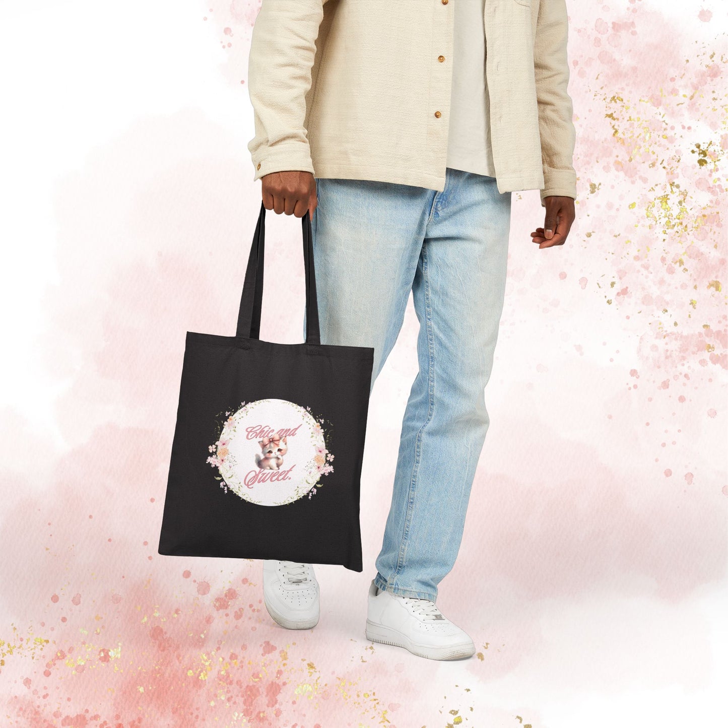 Chic & Sweet - Blushing Kitten Valentine Floral Wreath Tote Bag | Cute Kitten Animal Illustration