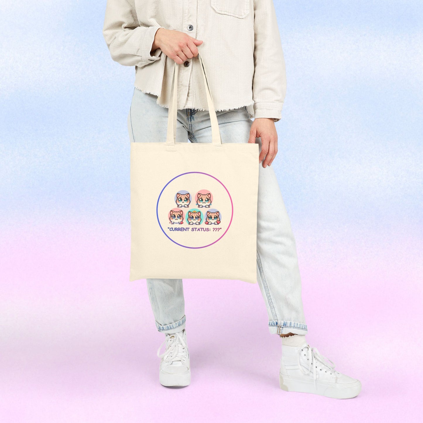 Cat Mood Tote Bag — Cute Kawaii Cat Faces "Current Status: ???" Canvas Tote