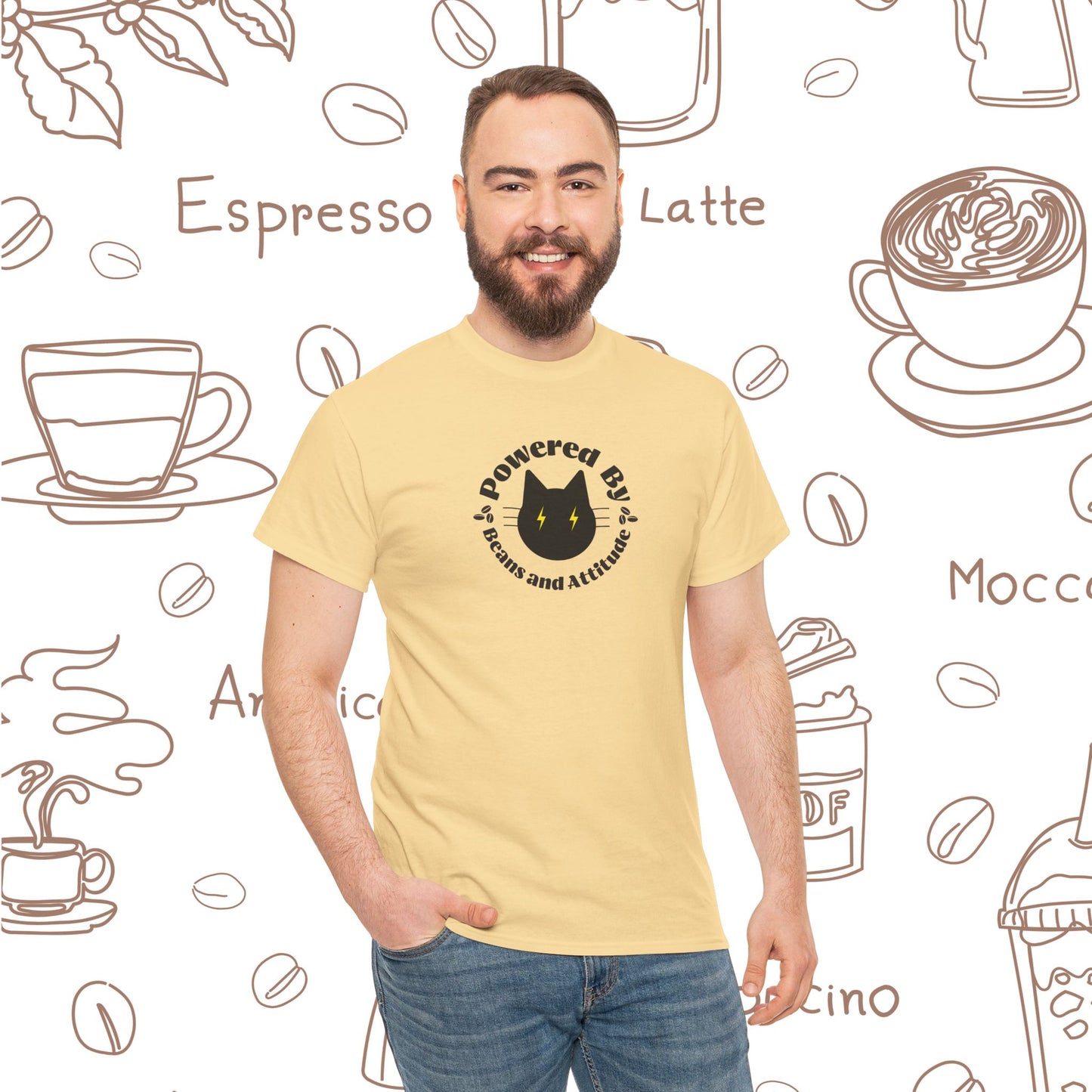 Powered By Beans & Attitude - Coffee Cat graphic tee | minimalist coffee cat illustration, pet lover shirt
