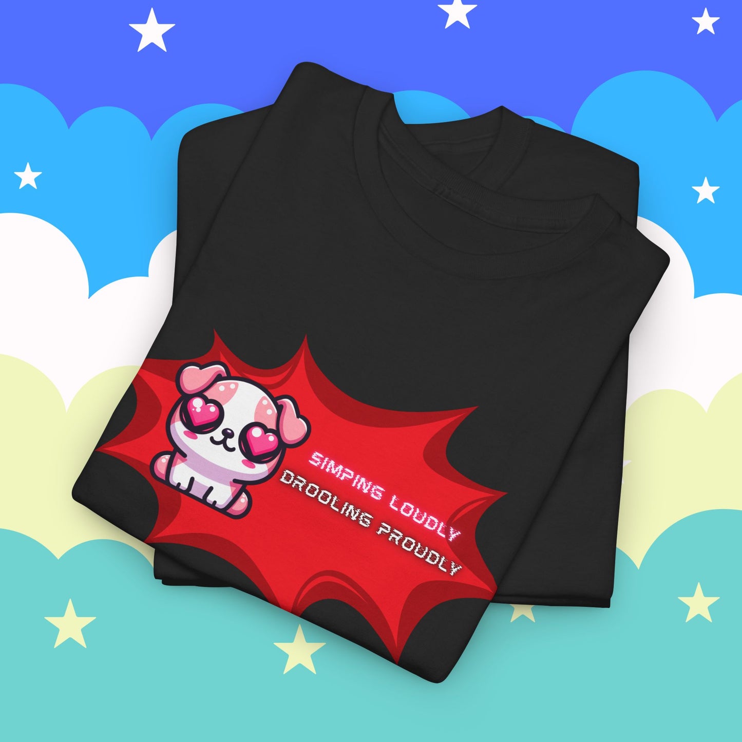 Kawaii Heart-Eyed "Simping Loudly, Drooling Proudly" Pink Bulldog T-Shirt