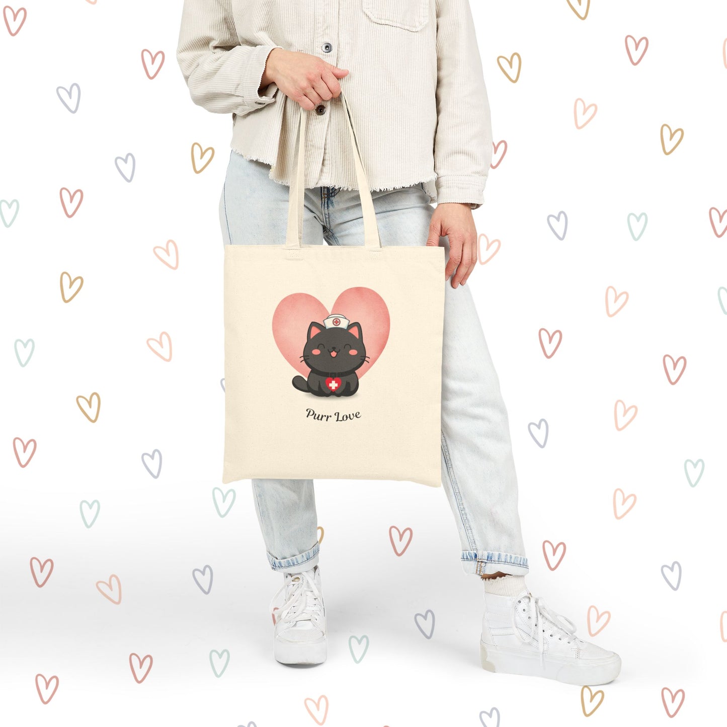 Nurse Cat Canvas Tote — "Purr Love" Valentine Cat Nurse
