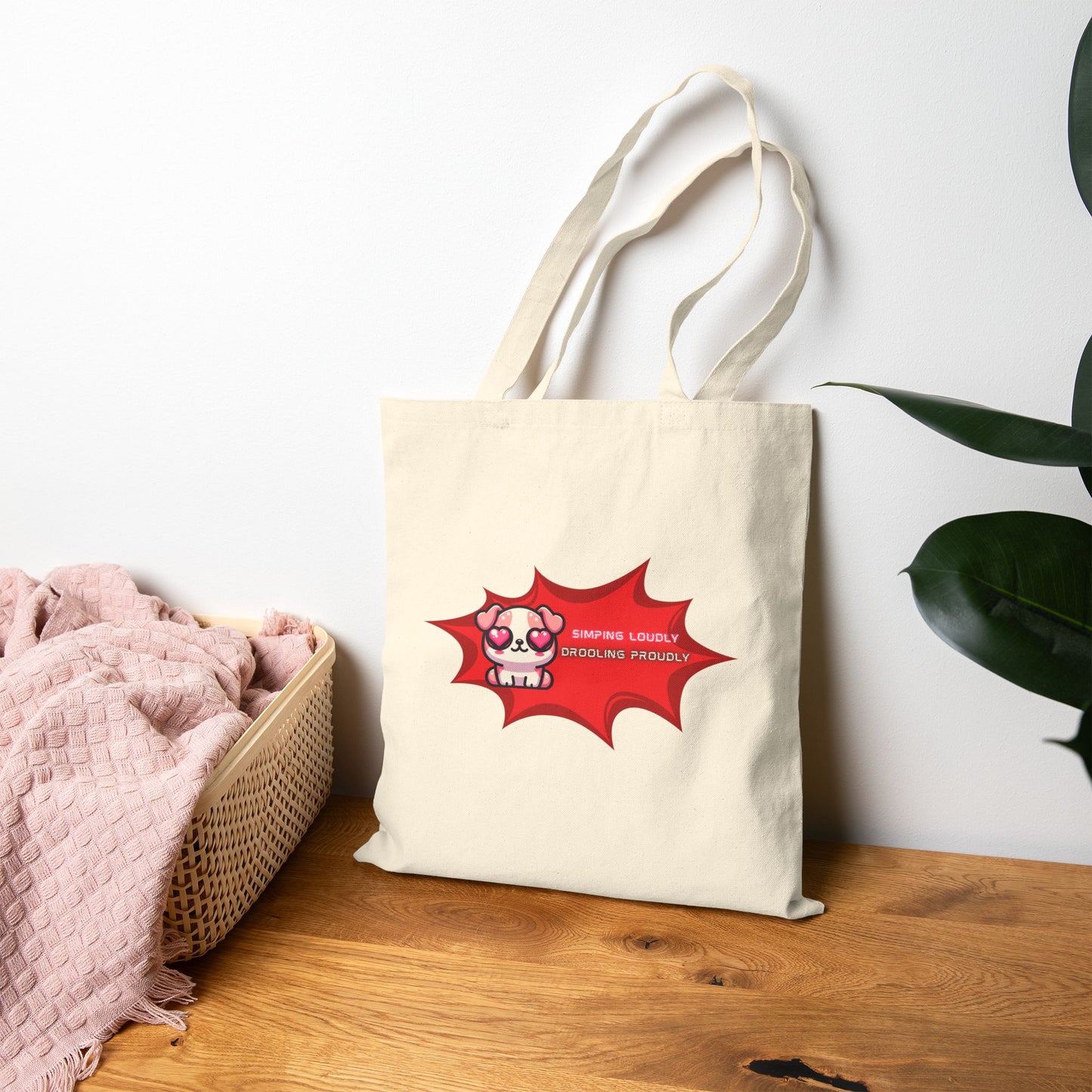 Kawaii Heart-Eyed Bulldog Tote — “Simping Loudly, Drooling Proudly” Cotton Canvas Bag
