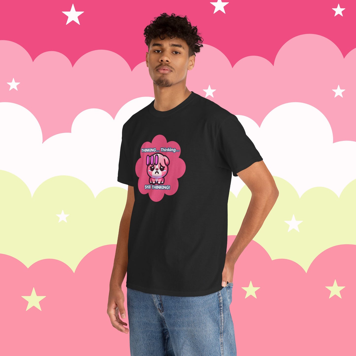 Contemplating Pink Bulldog Emote "Thinking... Still Thinking!" MoodT-Shirt
