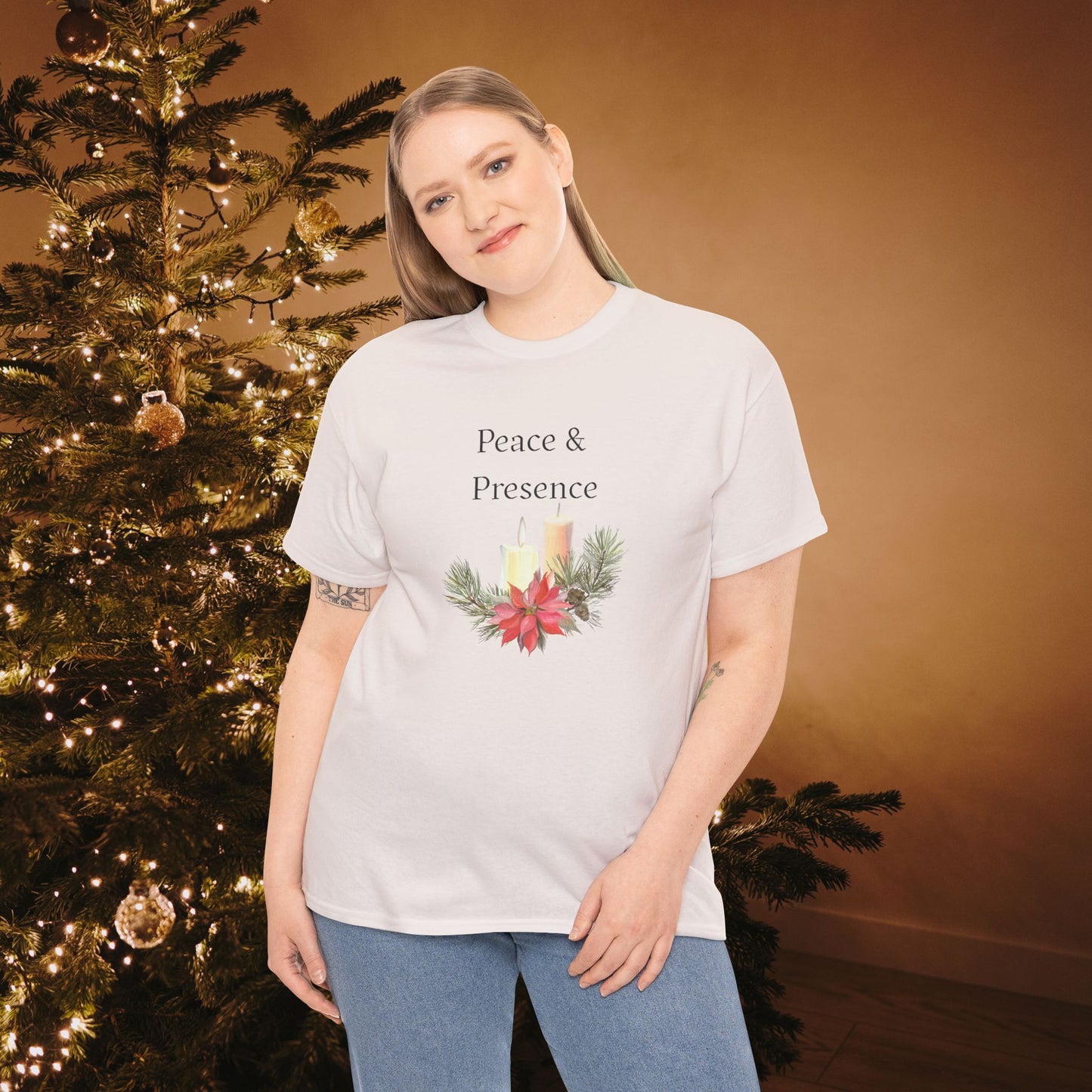 Peace & Presence Cozy Tee — Holiday Floral Christmas T‑Shirt, Cozy Christmas Aesthetic