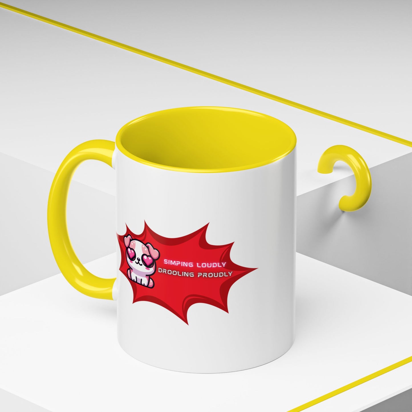 Cute Pink Bulldog Coffee Mug — “Simping Loudly, Drooling Proudly” Kawaii Heart-Eyed