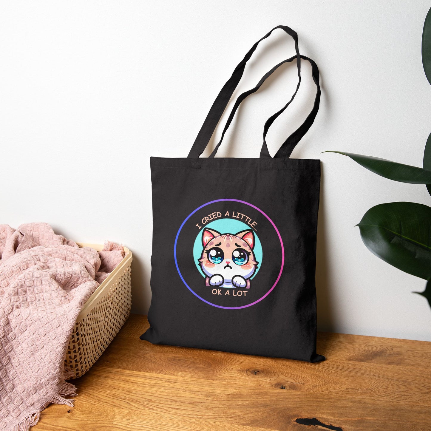 Cute Wide-Eyed Cat Illustration Tote Bag | "I Cried a Little... Ok a Lot"