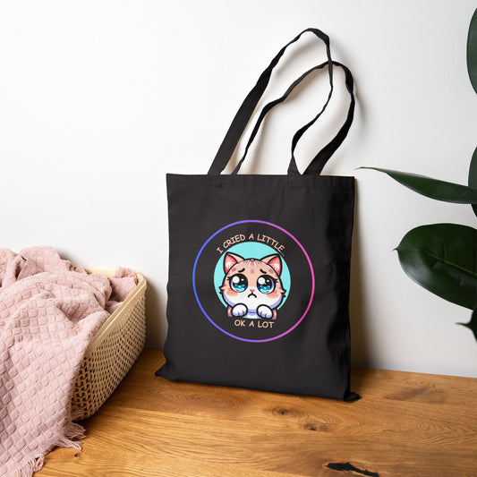 Cute Wide-Eyed Cat Illustration Tote Bag | "I Cried a Little... Ok a Lot"