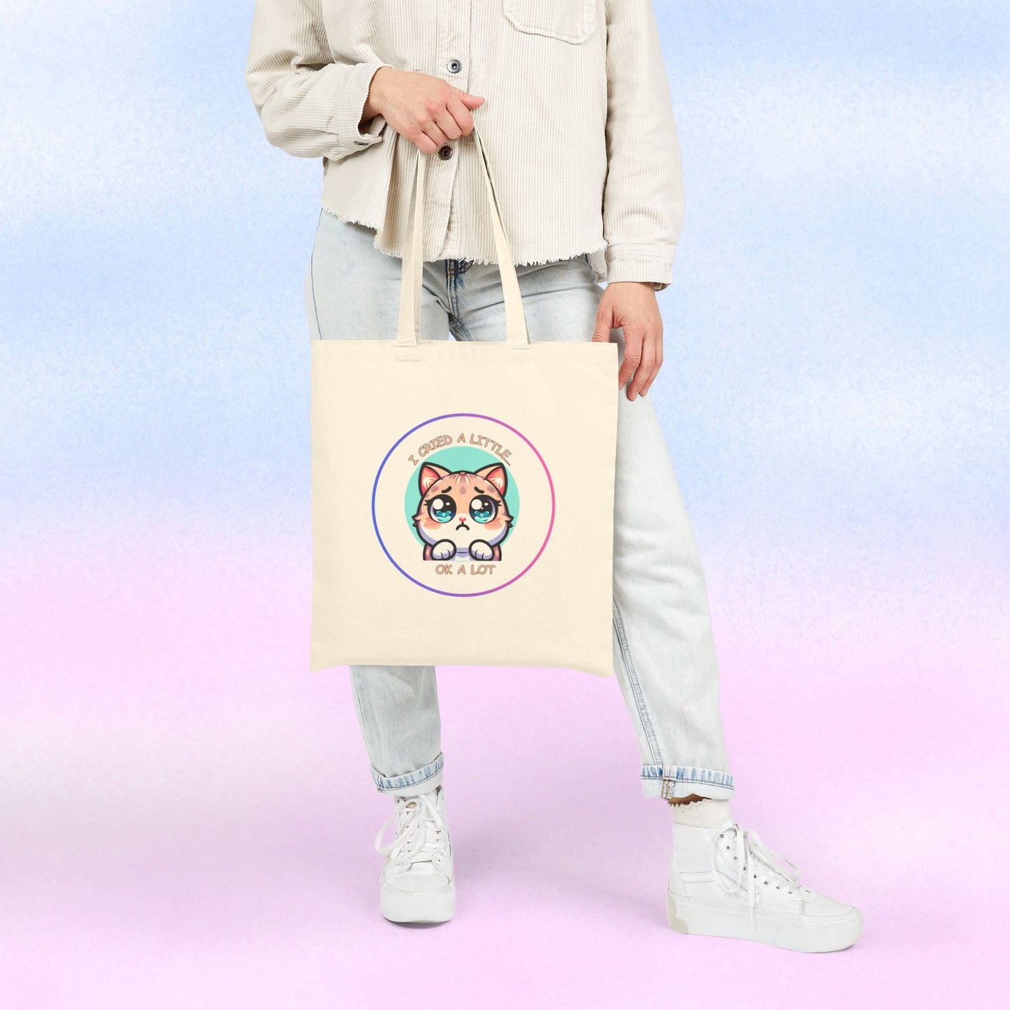 Cute Wide-Eyed Cat Illustration Tote Bag | "I Cried a Little... Ok a Lot"