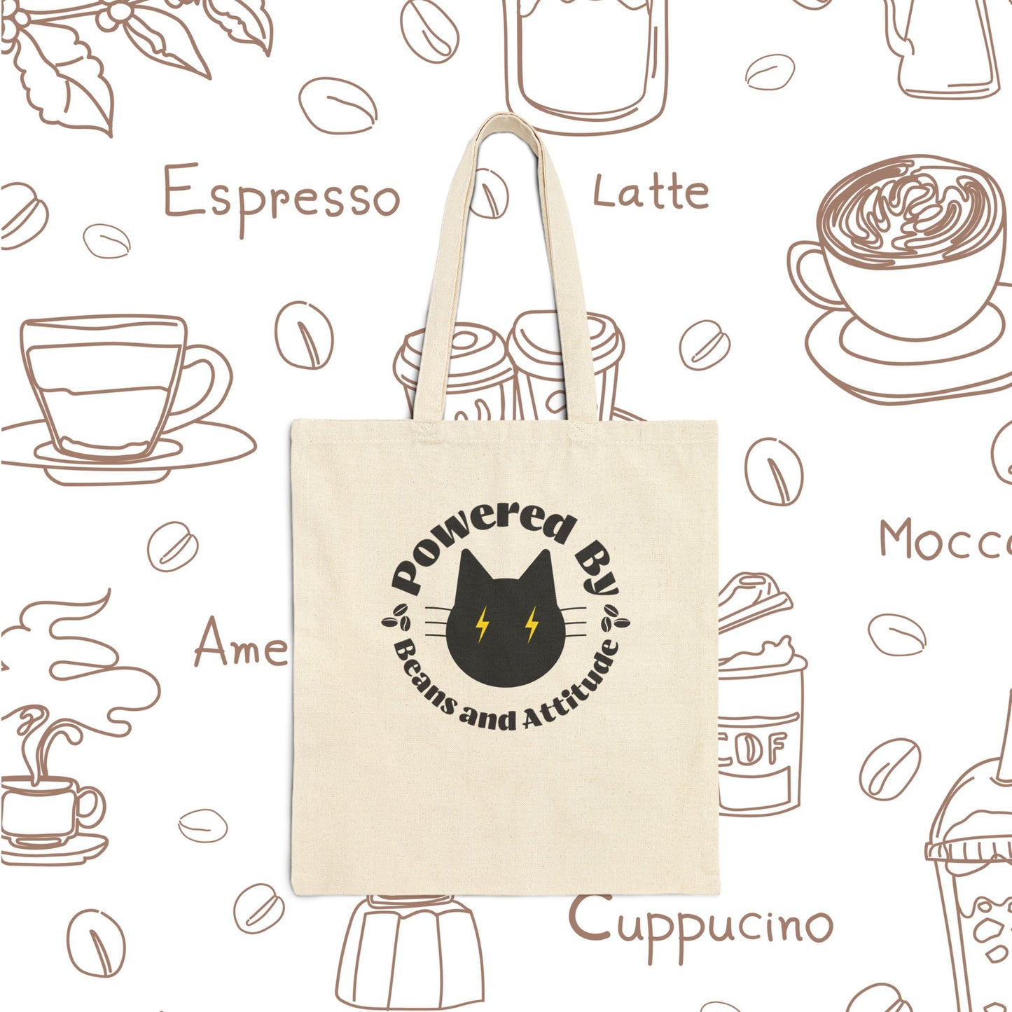 Powered By Beans and Attitude Tote Bag | Coffee Cat Illustration