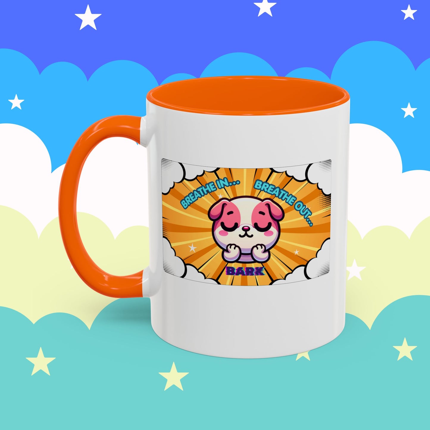 Stay Calm Pink Bulldog Kawaii Emote Coffee Mug — "Breathe In... Breathe Out... Bark"