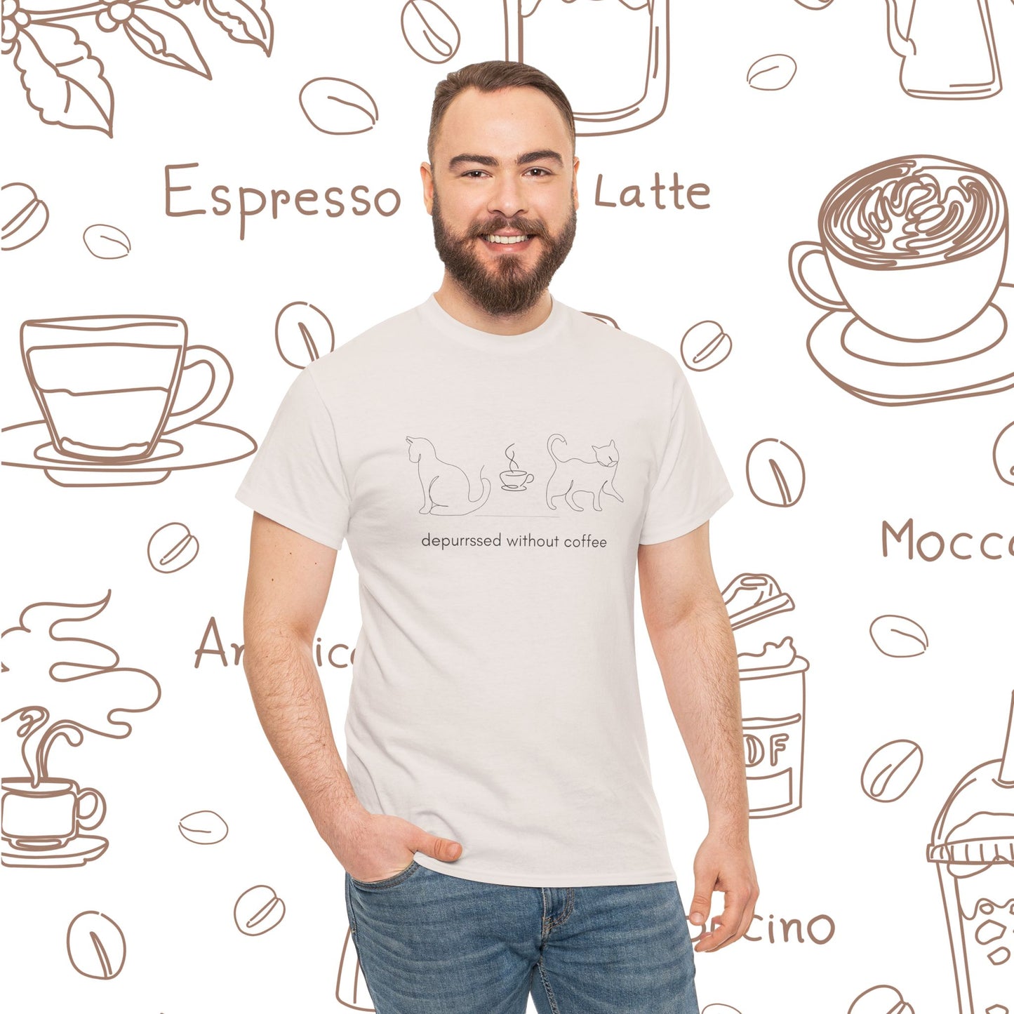 Depurrssed Without Coffee — Minimalist Caffeine Tee, Coffee Cat T‑Shirt