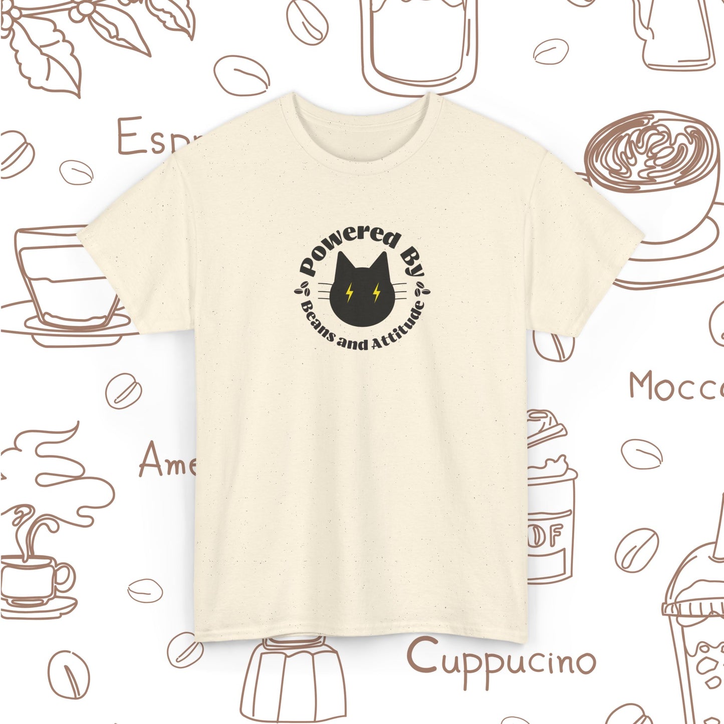 Powered By Beans & Attitude - Coffee Cat graphic tee | minimalist coffee cat illustration, pet lover shirt