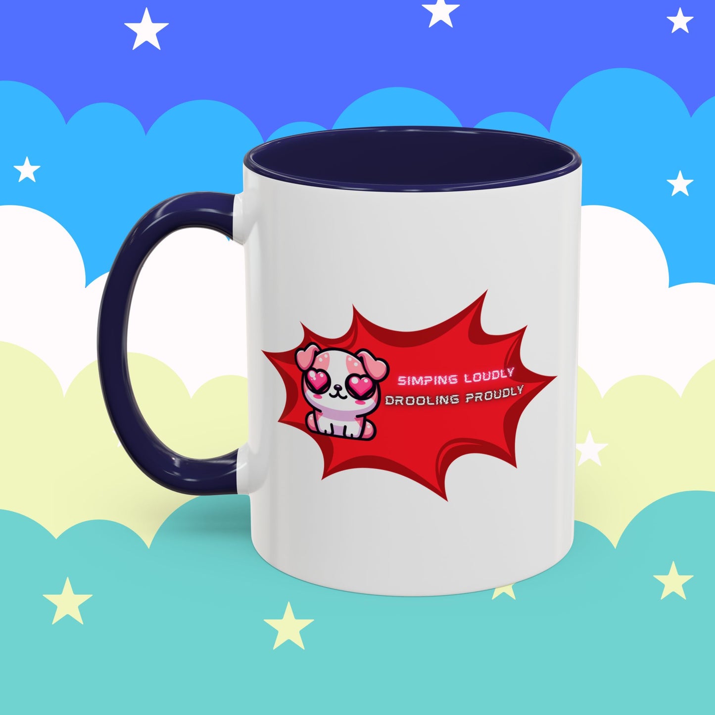 Cute Pink Bulldog Coffee Mug — “Simping Loudly, Drooling Proudly” Kawaii Heart-Eyed