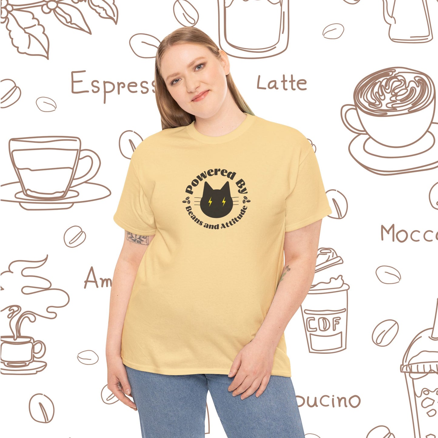 Powered By Beans & Attitude - Coffee Cat graphic tee | minimalist coffee cat illustration, pet lover shirt