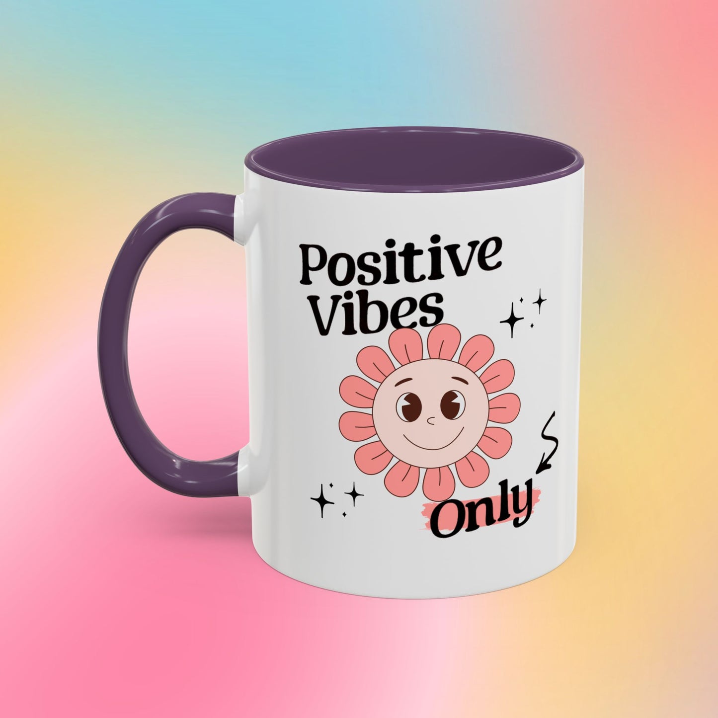 Retro Smiling Pink Flower Accent Coffee Mug — "Positive Vibes Only"