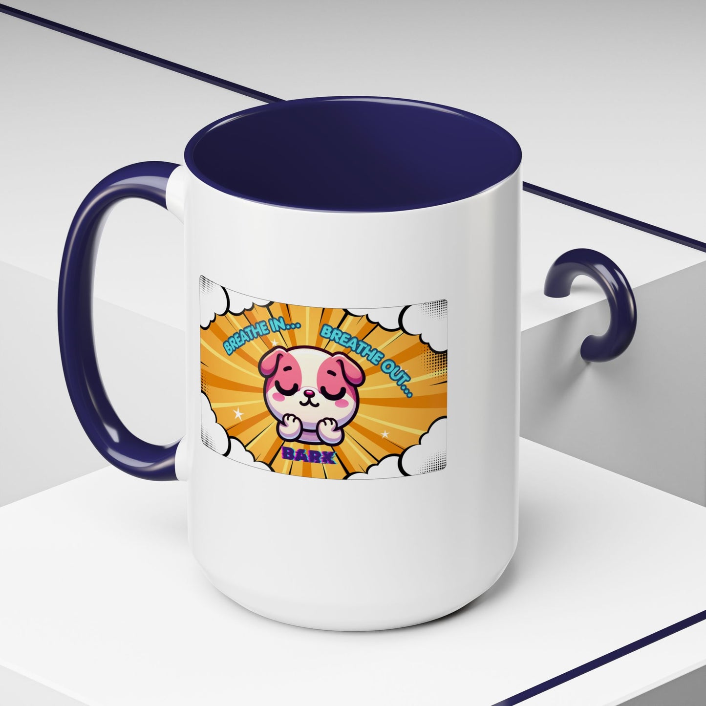 Stay Calm Pink Bulldog Kawaii Emote Coffee Mug — "Breathe In... Breathe Out... Bark"