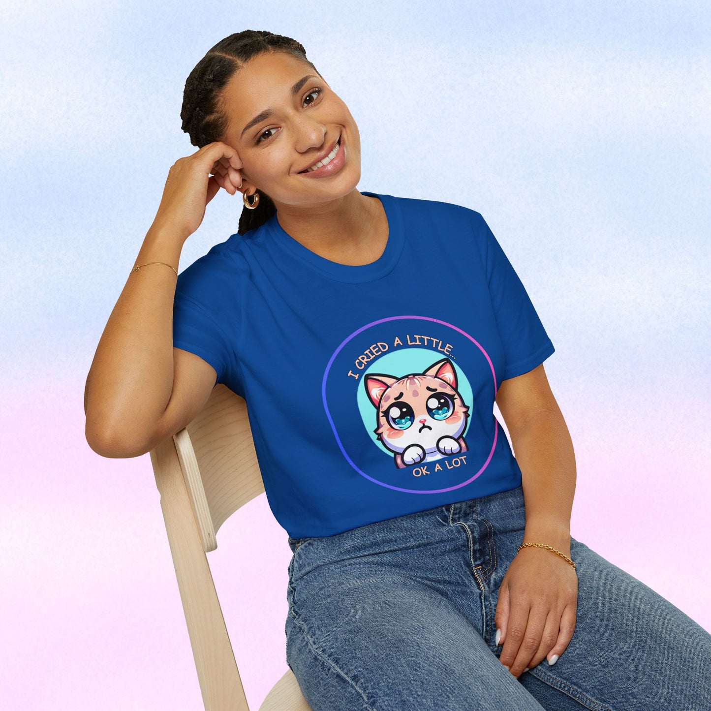 I Cried a Little.... OK a Lot - Sad Kawaii Cat Illustration T-Shirt | Cute Crying Kitty Graphic
