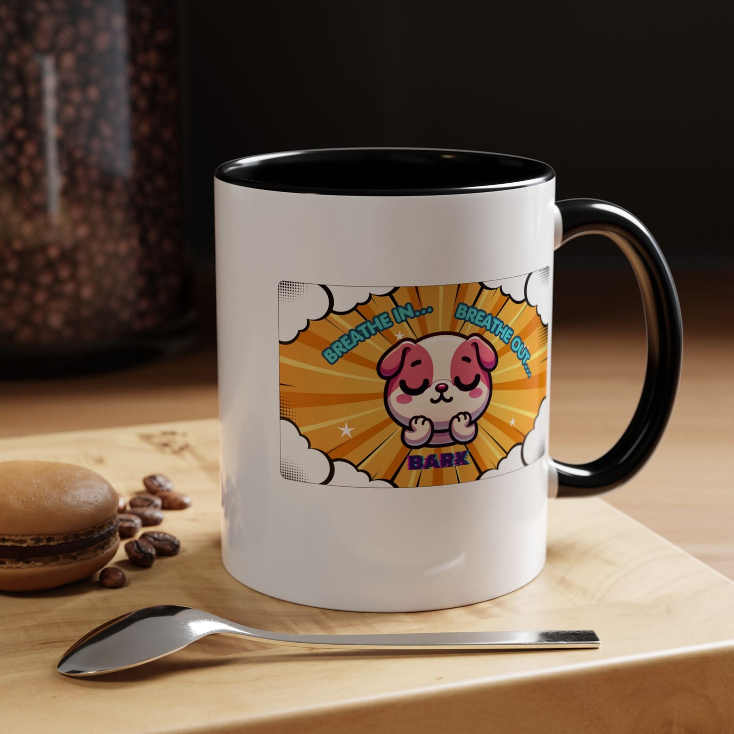 Stay Calm Pink Bulldog Kawaii Emote Coffee Mug — "Breathe In... Breathe Out... Bark"
