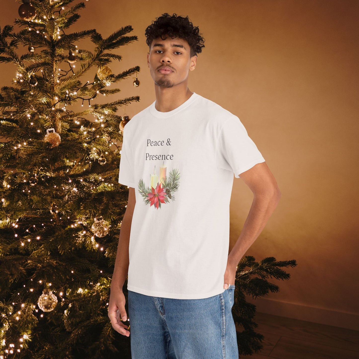 Peace & Presence Cozy Tee — Holiday Floral Christmas T‑Shirt, Cozy Christmas Aesthetic