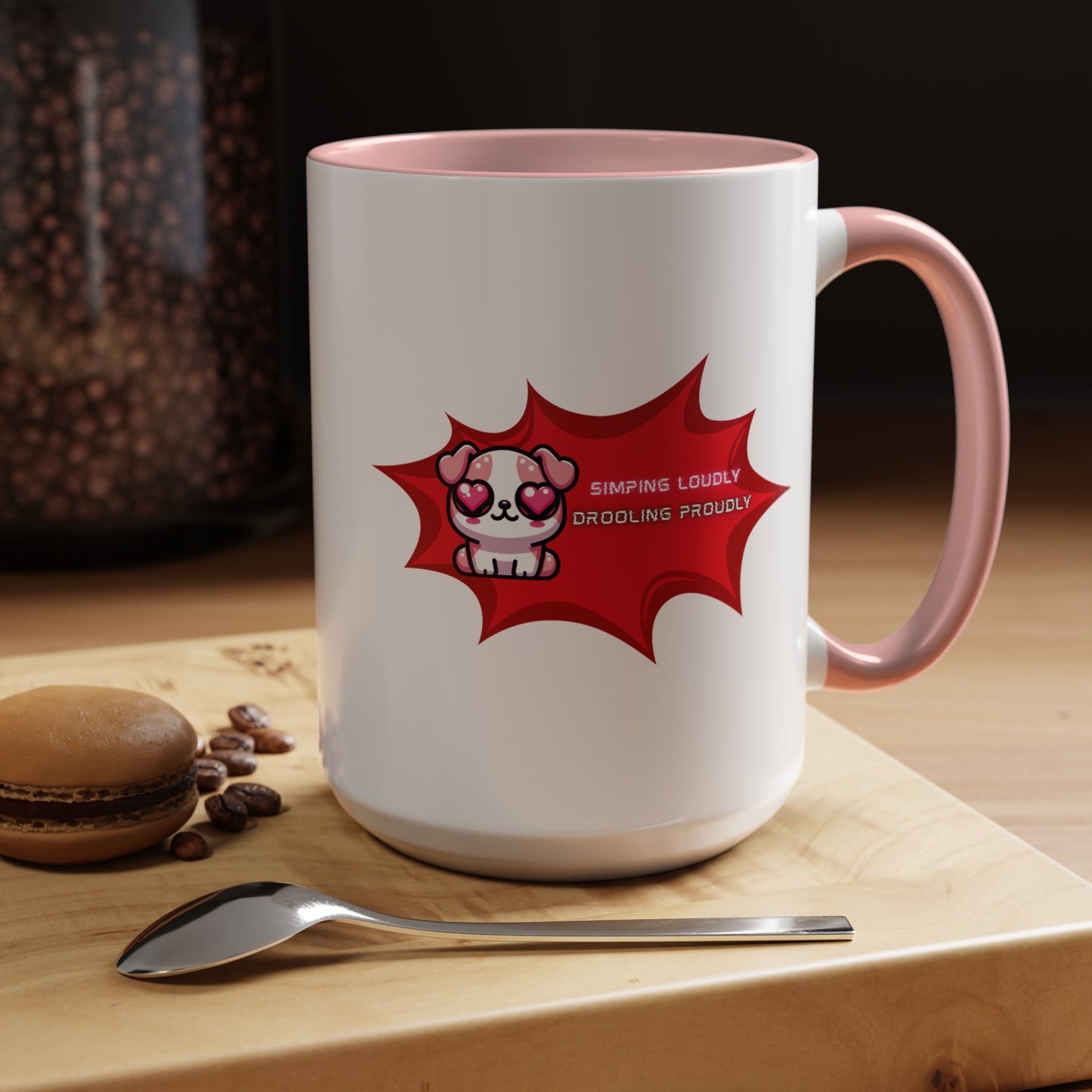 Cute Pink Bulldog Coffee Mug — “Simping Loudly, Drooling Proudly” Kawaii Heart-Eyed