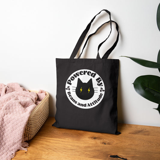 Powered By Beans and Attitude Tote Bag | Coffee Cat Illustration