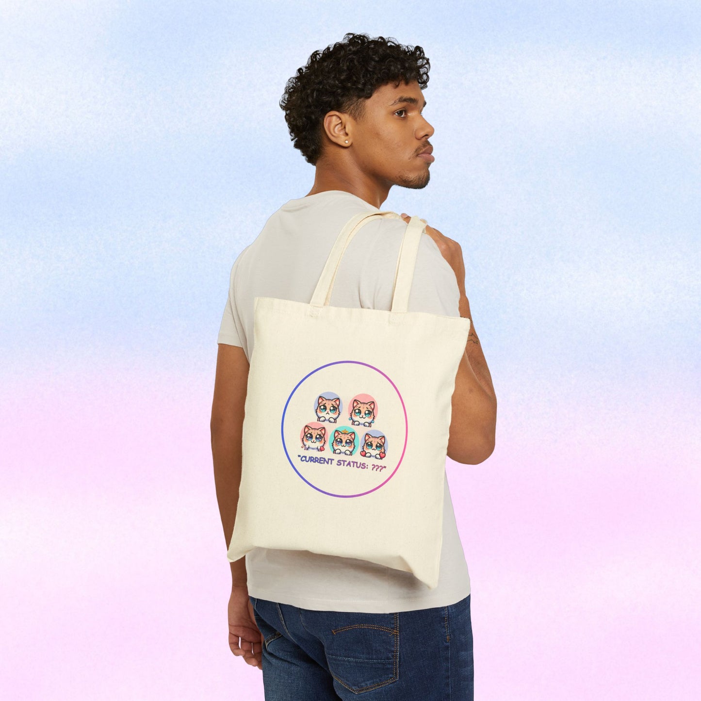 Cat Mood Tote Bag — Cute Kawaii Cat Faces "Current Status: ???" Canvas Tote