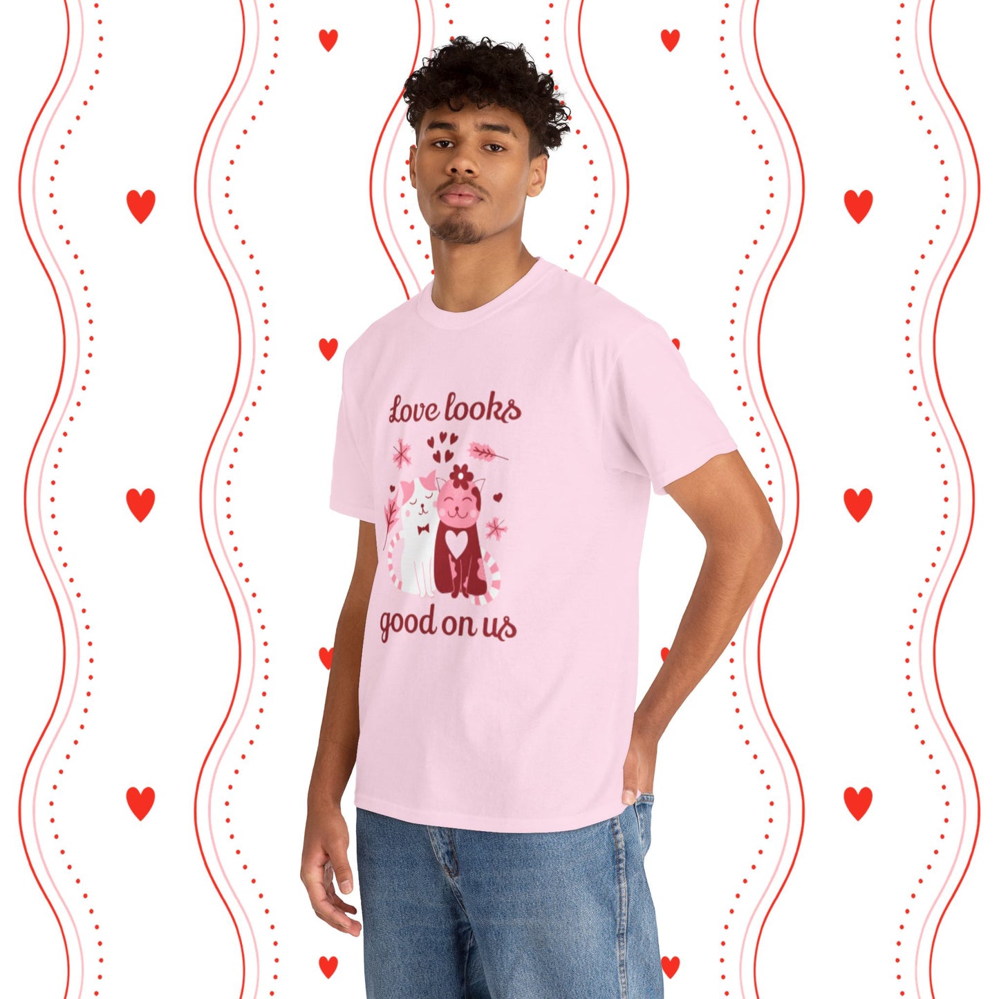Love Looks Good On Us Tee — Romantic Cat Heart Valentine T-Shirt