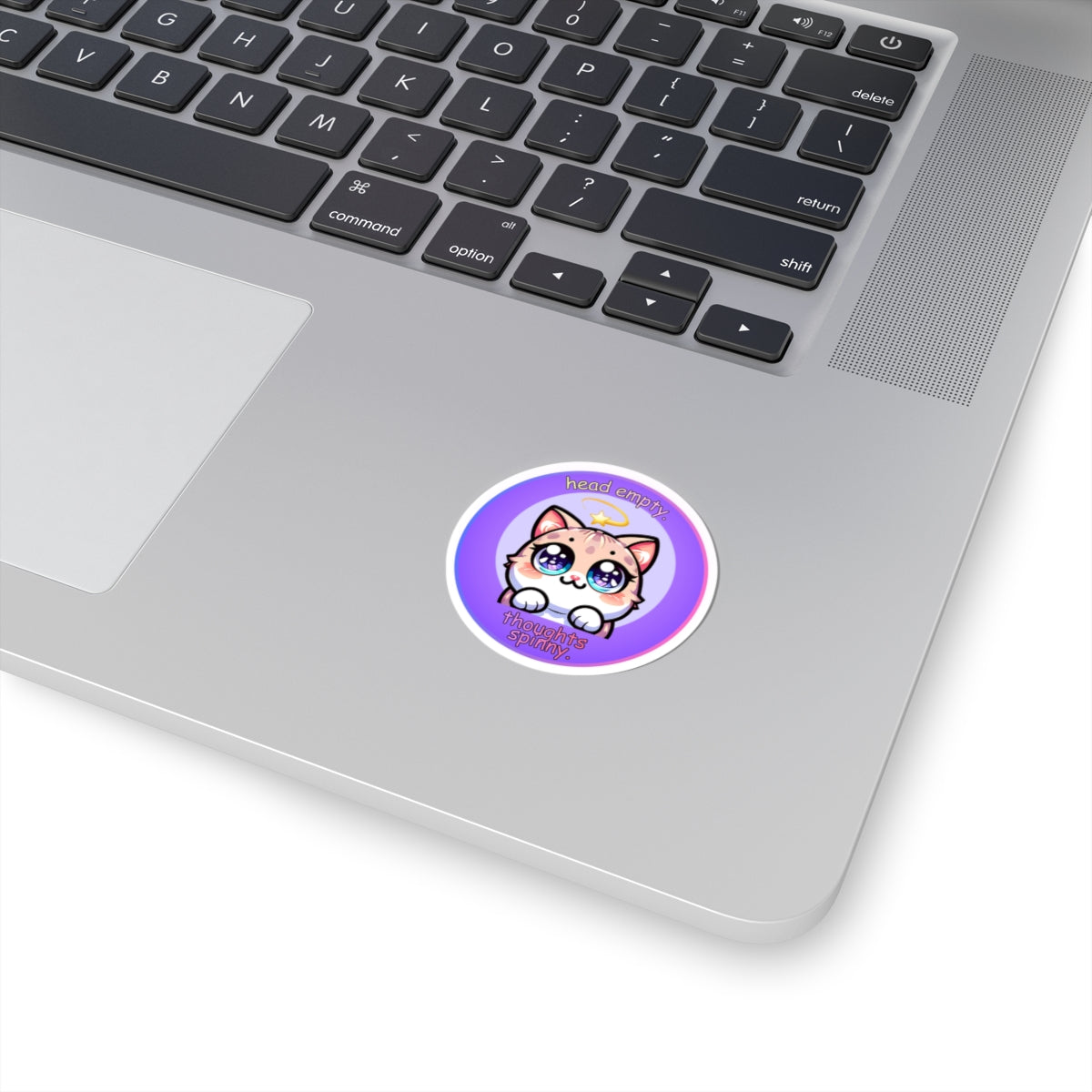 Kawaii Cat Sticker — "Head Empty, Thoughts Spinny" Round Kiss-Cut Vinyl Sticker