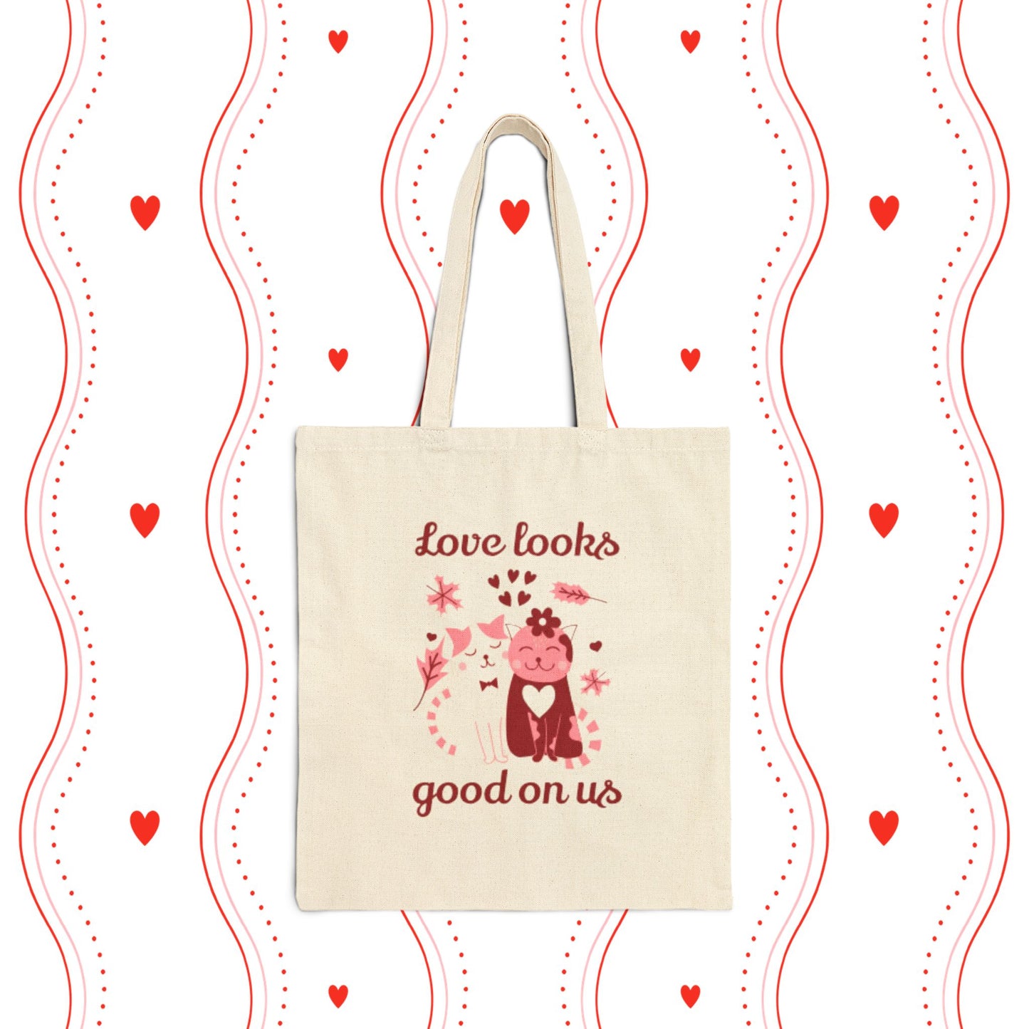 Love Looks Good On Us Tote Bag — Cute Cat & Heart Canvas Shopper