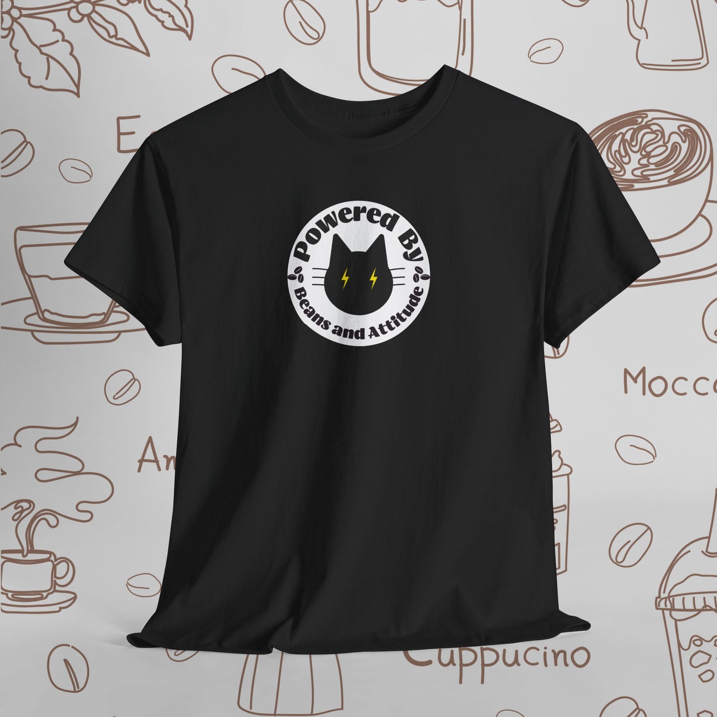 Powered By Beans & Attitude - Coffee Cat graphic tee | minimalist coffee cat illustration, pet lover shirt