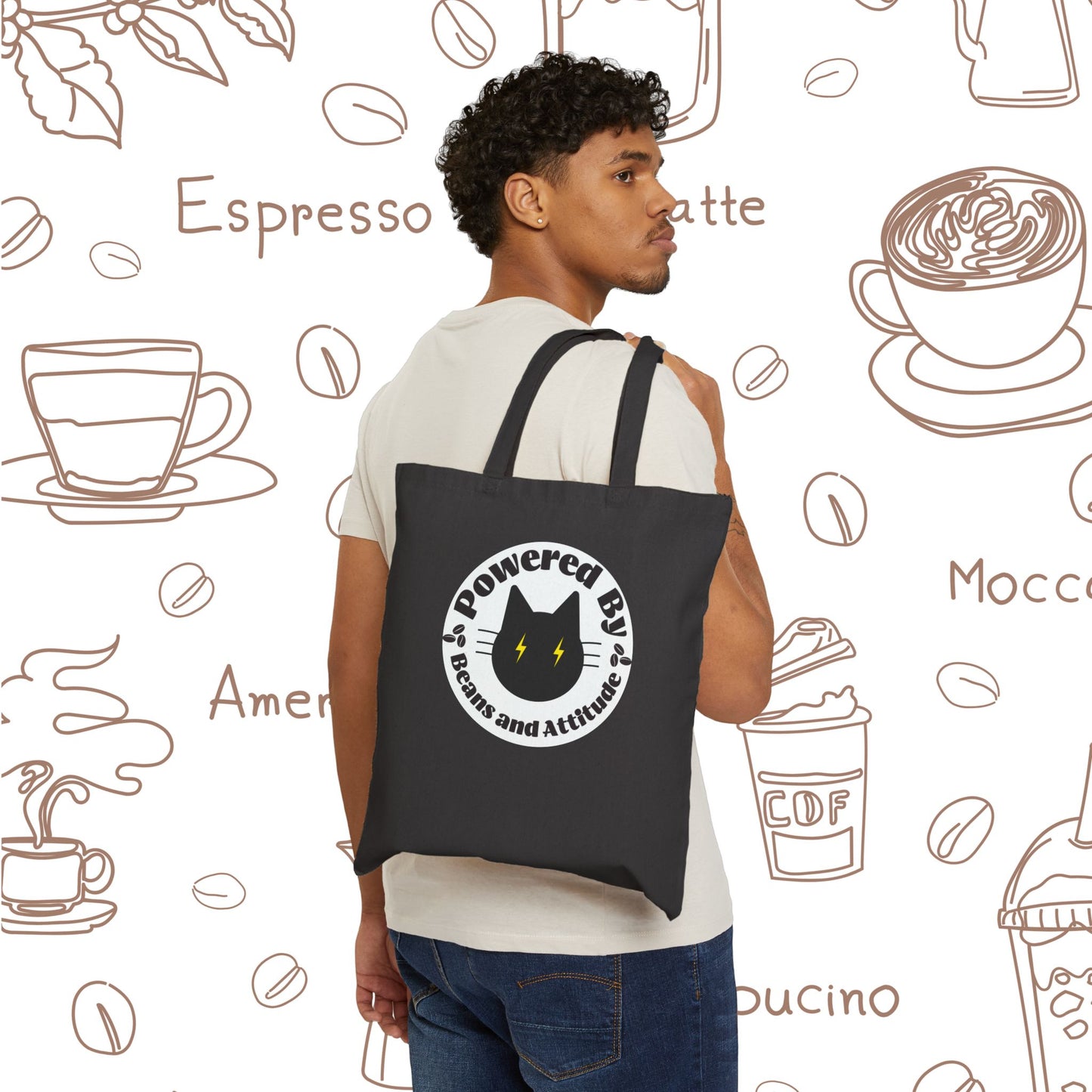 Powered By Beans and Attitude Tote Bag | Coffee Cat Illustration