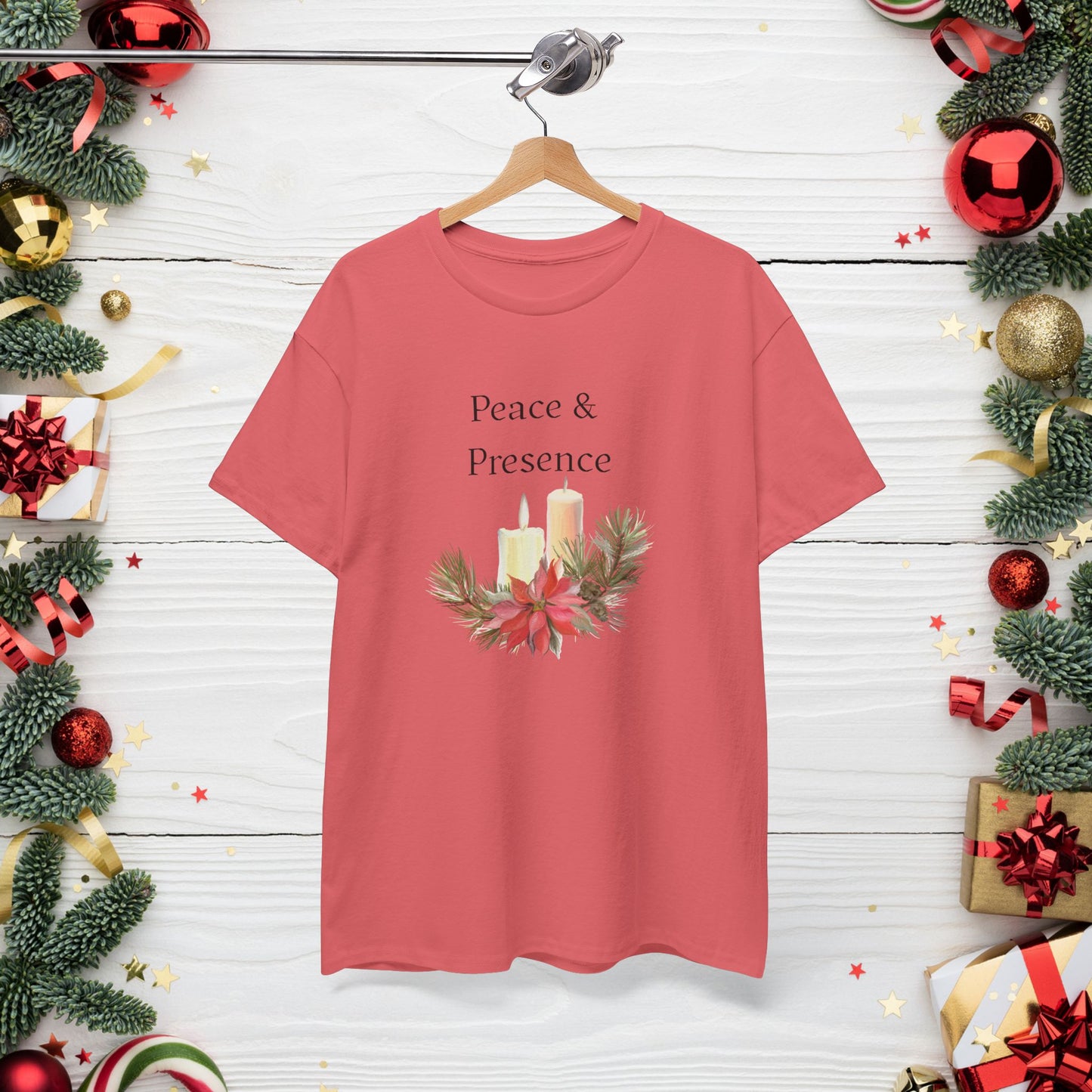 Peace & Presence Cozy Tee — Holiday Floral Christmas T‑Shirt, Cozy Christmas Aesthetic