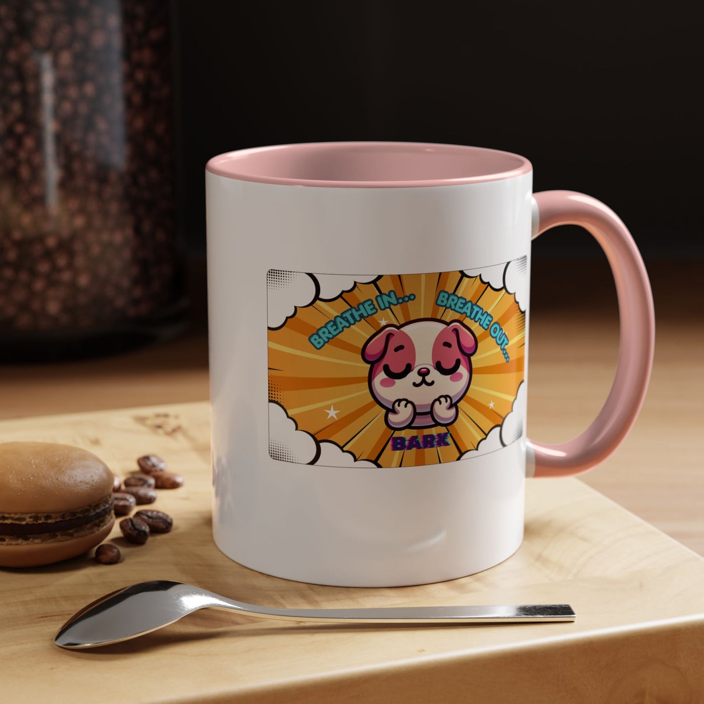 Stay Calm Pink Bulldog Kawaii Emote Coffee Mug — "Breathe In... Breathe Out... Bark"