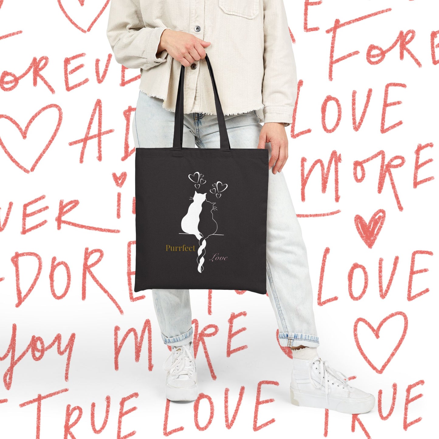 Love Cats Tote Bag — "Purrfect Love" Romantic Cat Couple Canvas Tote