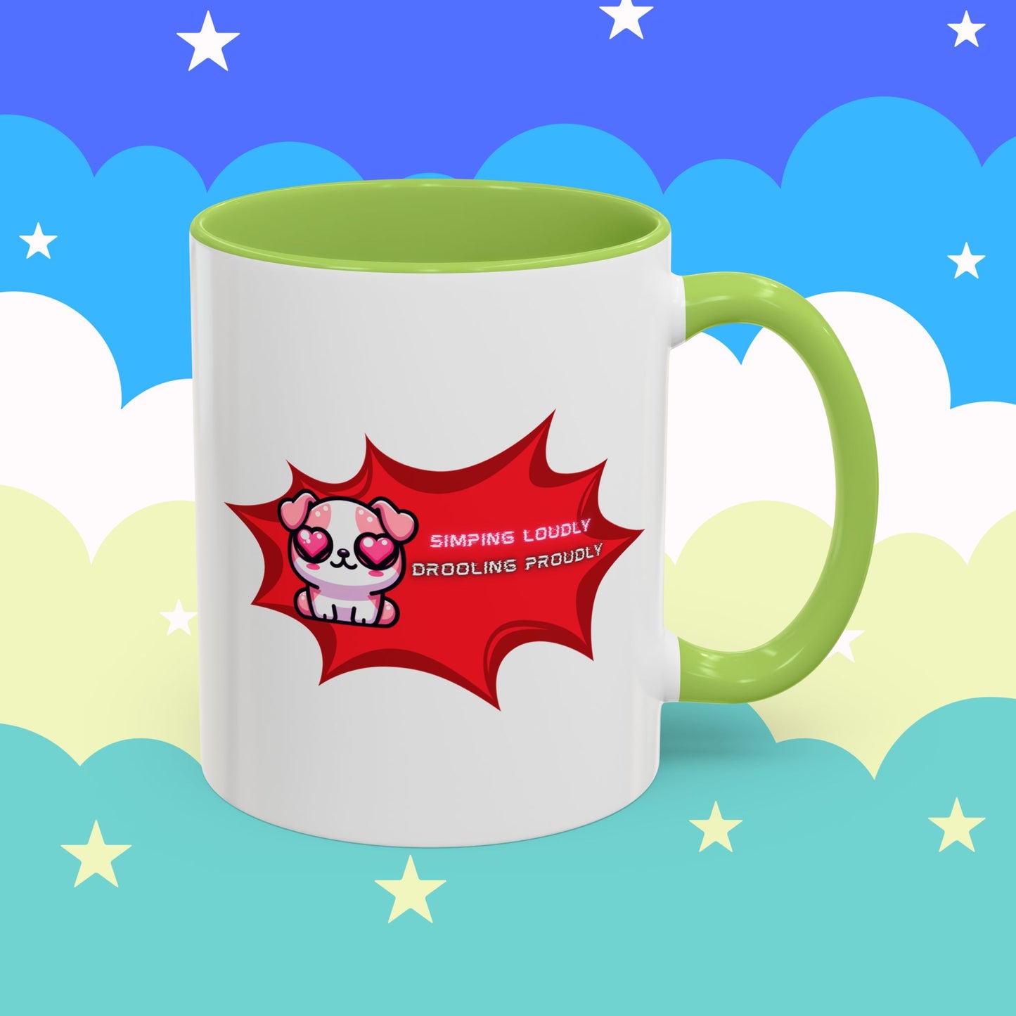 Cute Pink Bulldog Coffee Mug — “Simping Loudly, Drooling Proudly” Kawaii Heart-Eyed