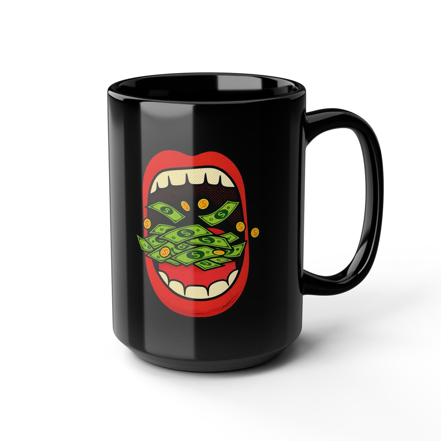 Money Mouth Mug — "Eating Prosperity" Black Coffee Cup with Cash-Throwing Lips (11oz, 15oz)