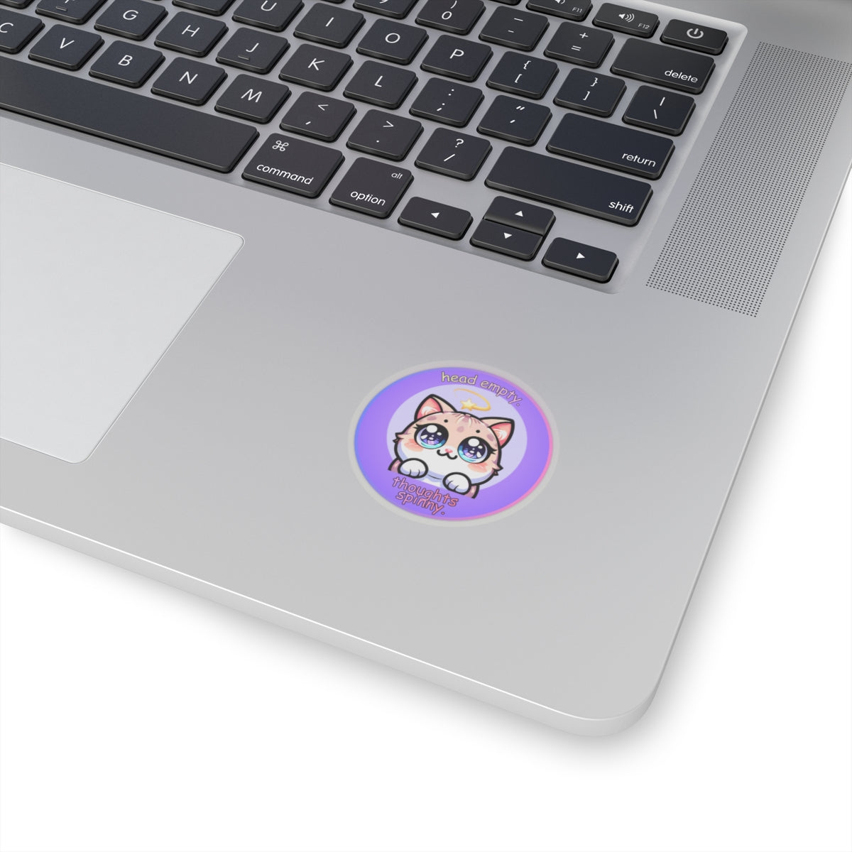Kawaii Cat Sticker — "Head Empty, Thoughts Spinny" Round Kiss-Cut Vinyl Sticker