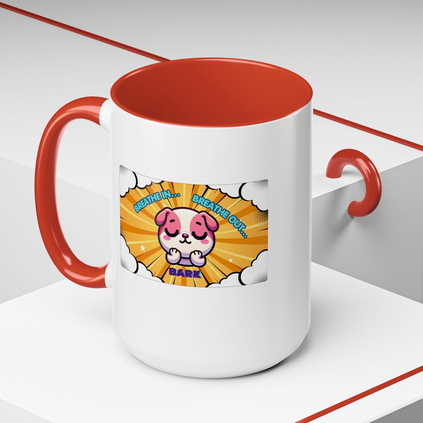 Stay Calm Pink Bulldog Kawaii Emote Coffee Mug — "Breathe In... Breathe Out... Bark"