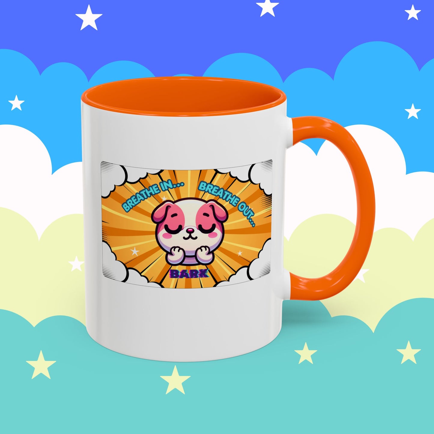 Stay Calm Pink Bulldog Kawaii Emote Coffee Mug — "Breathe In... Breathe Out... Bark"